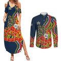 North Queensland Cowboys ANZAC Couples Matching Summer Maxi Dress and Long Sleeve Button Shirt Indigenous Wave Poppy Remembrance Cowboy