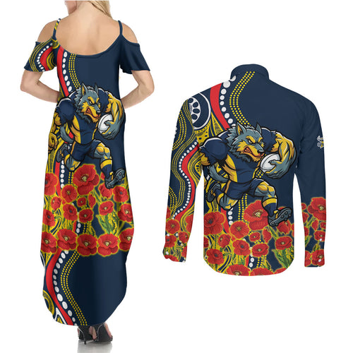 North Queensland Cowboys ANZAC Couples Matching Summer Maxi Dress and Long Sleeve Button Shirt Indigenous Wave Poppy Remembrance Cowboy