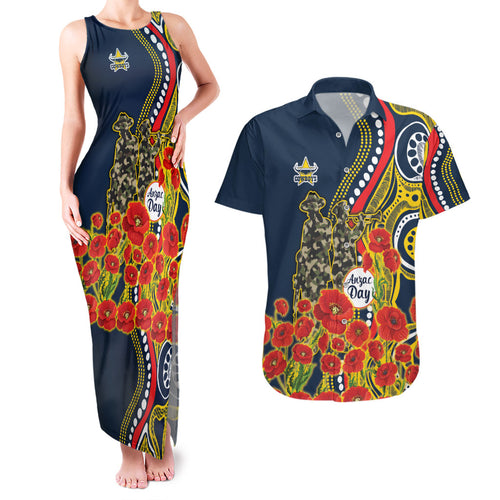 North Queensland Cowboys ANZAC Couples Matching Tank Maxi Dress and Hawaiian Shirt Indigenous Wave Poppy Remembrance Cowboy