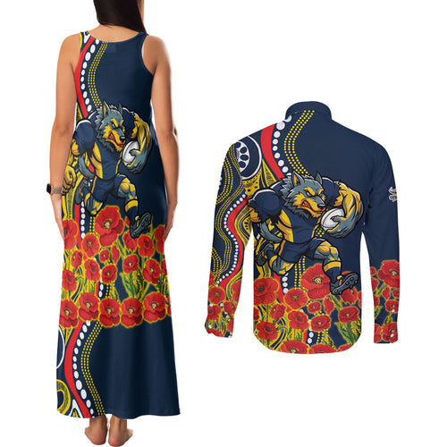 North Queensland Cowboys ANZAC Couples Matching Tank Maxi Dress and Long Sleeve Button Shirt Indigenous Wave Poppy Remembrance Cowboy