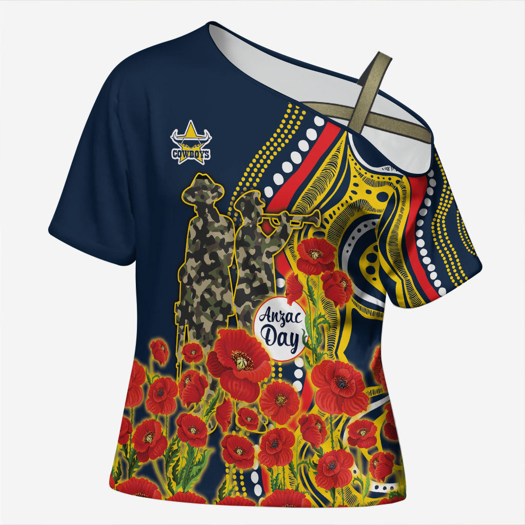 North Queensland Cowboys ANZAC Cross Shoulder Shirt Indigenous Wave Poppy Remembrance Cowboy