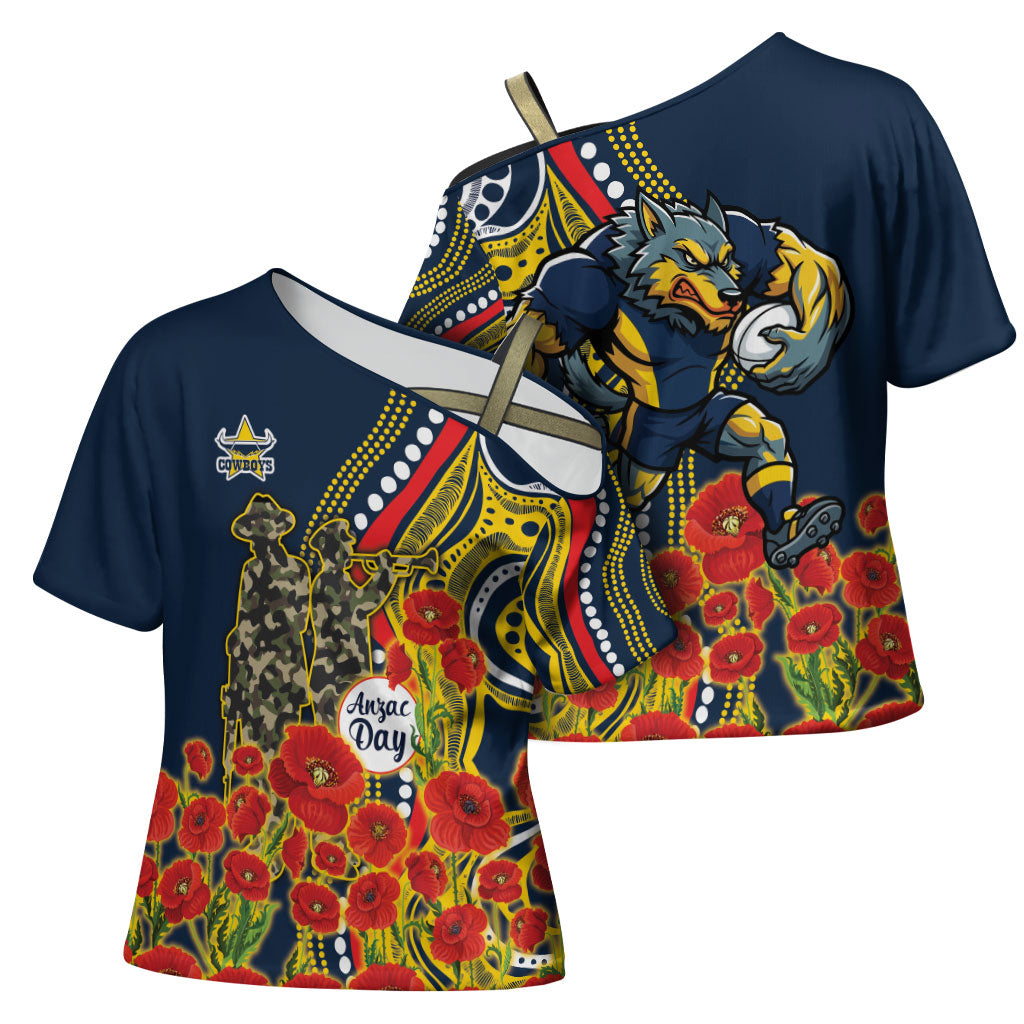 North Queensland Cowboys ANZAC Cross Shoulder Shirt Indigenous Wave Poppy Remembrance Cowboy