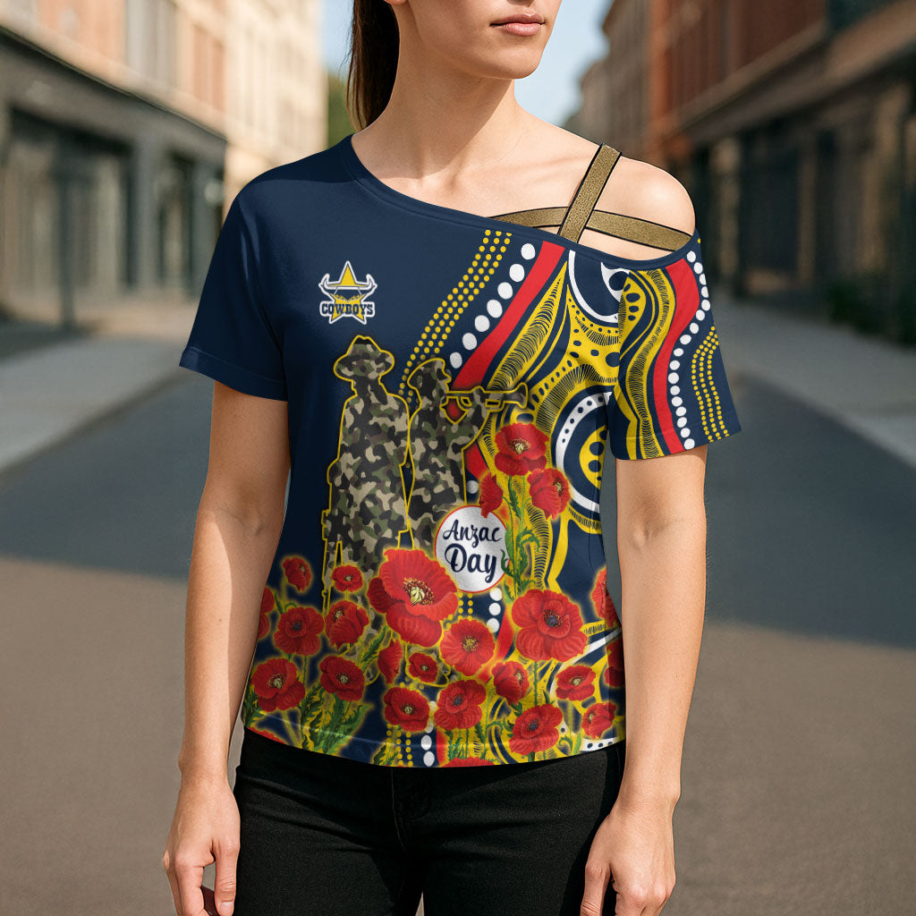 North Queensland Cowboys ANZAC Cross Shoulder Shirt Indigenous Wave Poppy Remembrance Cowboy