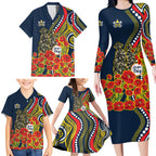 North Queensland Cowboys ANZAC Family Matching Long Sleeve Bodycon Dress and Hawaiian Shirt Indigenous Wave Poppy Remembrance Cowboy