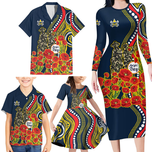 North Queensland Cowboys ANZAC Family Matching Long Sleeve Bodycon Dress and Hawaiian Shirt Indigenous Wave Poppy Remembrance Cowboy