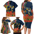 North Queensland Cowboys ANZAC Family Matching Long Sleeve Bodycon Dress and Hawaiian Shirt Indigenous Wave Poppy Remembrance Cowboy