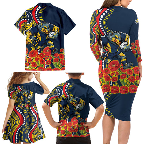 North Queensland Cowboys ANZAC Family Matching Long Sleeve Bodycon Dress and Hawaiian Shirt Indigenous Wave Poppy Remembrance Cowboy
