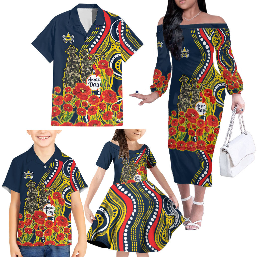 North Queensland Cowboys ANZAC Family Matching Off The Shoulder Long Sleeve Dress and Hawaiian Shirt Indigenous Wave Poppy Remembrance Cowboy