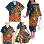 North Queensland Cowboys ANZAC Family Matching Off The Shoulder Long Sleeve Dress and Hawaiian Shirt Indigenous Wave Poppy Remembrance Cowboy