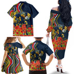 North Queensland Cowboys ANZAC Family Matching Off The Shoulder Long Sleeve Dress and Hawaiian Shirt Indigenous Wave Poppy Remembrance Cowboy