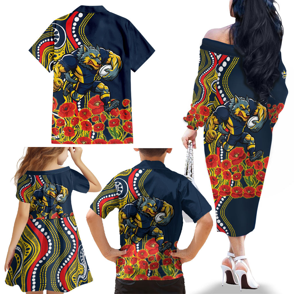North Queensland Cowboys ANZAC Family Matching Off The Shoulder Long Sleeve Dress and Hawaiian Shirt Indigenous Wave Poppy Remembrance Cowboy