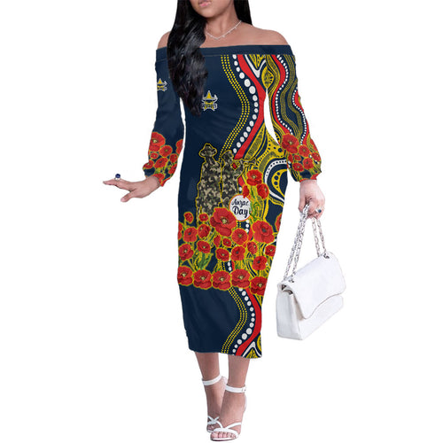 North Queensland Cowboys ANZAC Family Matching Off The Shoulder Long Sleeve Dress and Hawaiian Shirt Indigenous Wave Poppy Remembrance Cowboy