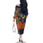 North Queensland Cowboys ANZAC Family Matching Off The Shoulder Long Sleeve Dress and Hawaiian Shirt Indigenous Wave Poppy Remembrance Cowboy