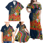 North Queensland Cowboys ANZAC Family Matching Off Shoulder Maxi Dress and Hawaiian Shirt Indigenous Wave Poppy Remembrance Cowboy