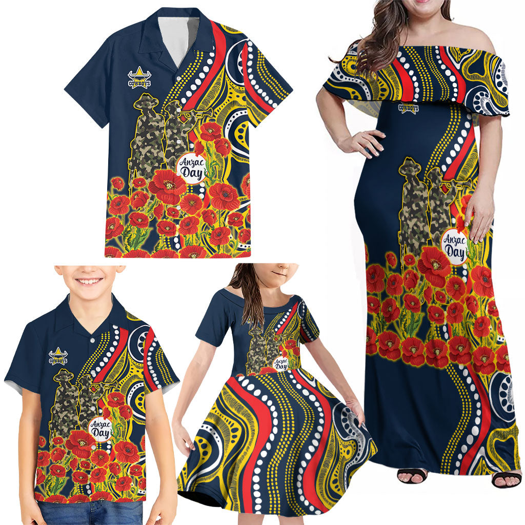 North Queensland Cowboys ANZAC Family Matching Off Shoulder Maxi Dress and Hawaiian Shirt Indigenous Wave Poppy Remembrance Cowboy