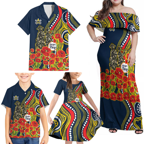 North Queensland Cowboys ANZAC Family Matching Off Shoulder Maxi Dress and Hawaiian Shirt Indigenous Wave Poppy Remembrance Cowboy