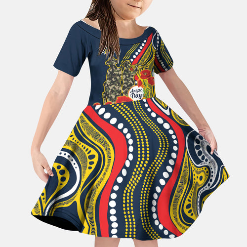 North Queensland Cowboys ANZAC Family Matching Off Shoulder Maxi Dress and Hawaiian Shirt Indigenous Wave Poppy Remembrance Cowboy