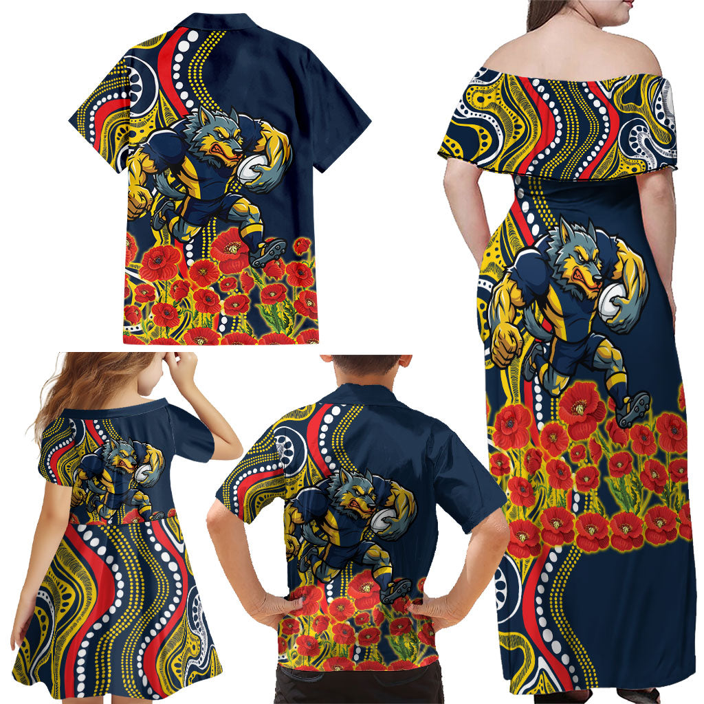 North Queensland Cowboys ANZAC Family Matching Off Shoulder Maxi Dress and Hawaiian Shirt Indigenous Wave Poppy Remembrance Cowboy