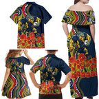 North Queensland Cowboys ANZAC Family Matching Off Shoulder Maxi Dress and Hawaiian Shirt Indigenous Wave Poppy Remembrance Cowboy