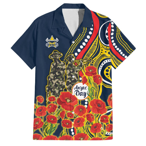 North Queensland Cowboys ANZAC Family Matching Off Shoulder Maxi Dress and Hawaiian Shirt Indigenous Wave Poppy Remembrance Cowboy