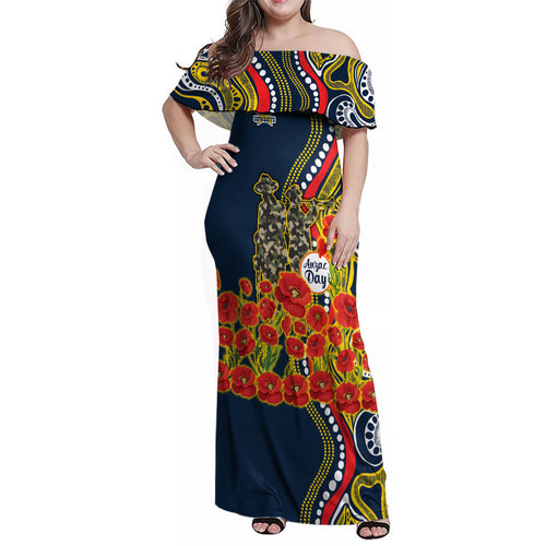 North Queensland Cowboys ANZAC Family Matching Off Shoulder Maxi Dress and Hawaiian Shirt Indigenous Wave Poppy Remembrance Cowboy