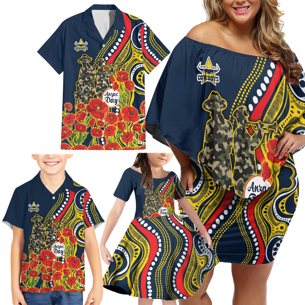 North Queensland Cowboys ANZAC Family Matching Off Shoulder Short Dress and Hawaiian Shirt Indigenous Wave Poppy Remembrance Cowboy