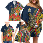 North Queensland Cowboys ANZAC Family Matching Off Shoulder Short Dress and Hawaiian Shirt Indigenous Wave Poppy Remembrance Cowboy