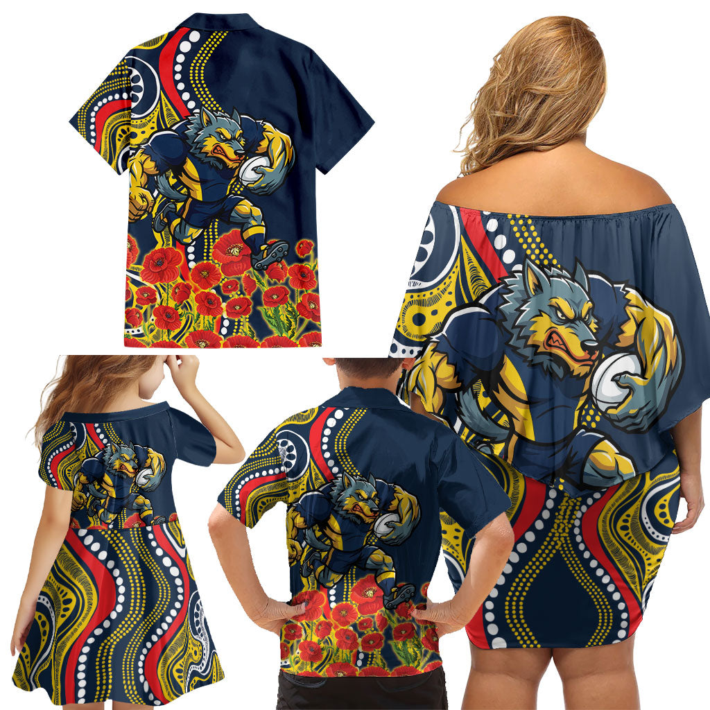 North Queensland Cowboys ANZAC Family Matching Off Shoulder Short Dress and Hawaiian Shirt Indigenous Wave Poppy Remembrance Cowboy