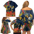 North Queensland Cowboys ANZAC Family Matching Off Shoulder Short Dress and Hawaiian Shirt Indigenous Wave Poppy Remembrance Cowboy