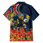 North Queensland Cowboys ANZAC Family Matching Off Shoulder Short Dress and Hawaiian Shirt Indigenous Wave Poppy Remembrance Cowboy
