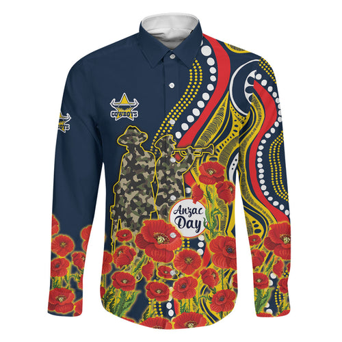 North Queensland Cowboys ANZAC Family Matching Off Shoulder Short Dress and Hawaiian Shirt Indigenous Wave Poppy Remembrance Cowboy