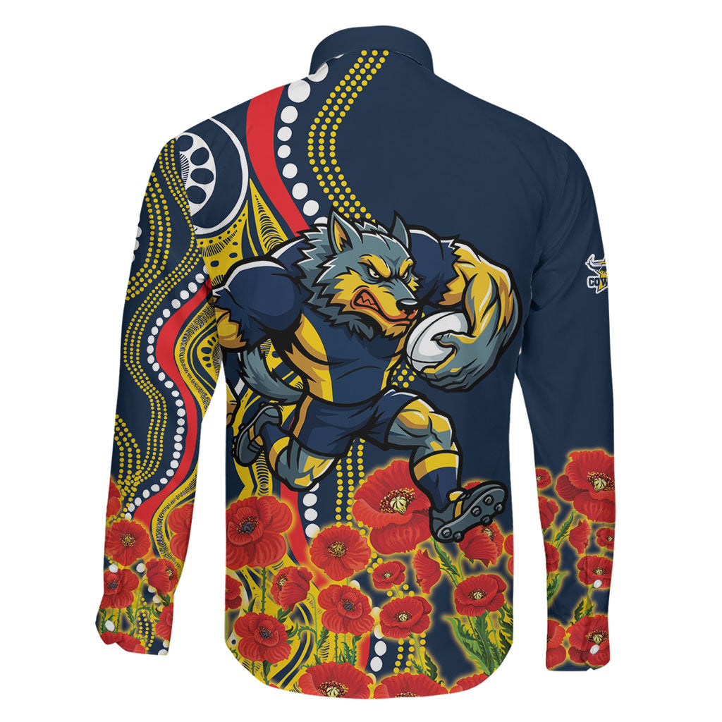 North Queensland Cowboys ANZAC Family Matching Off Shoulder Short Dress and Hawaiian Shirt Indigenous Wave Poppy Remembrance Cowboy