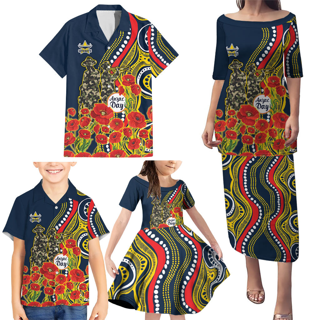 North Queensland Cowboys ANZAC Family Matching Puletasi and Hawaiian Shirt Indigenous Wave Poppy Remembrance Cowboy