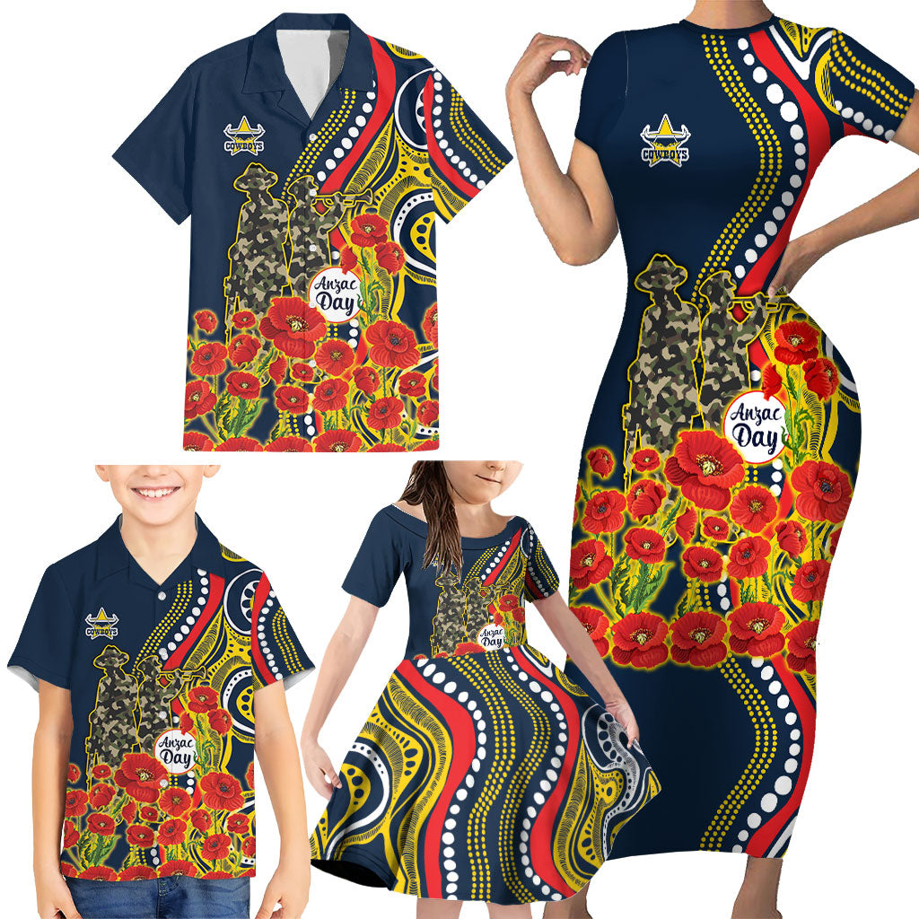 North Queensland Cowboys ANZAC Family Matching Short Sleeve Bodycon Dress and Hawaiian Shirt Indigenous Wave Poppy Remembrance Cowboy