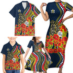 North Queensland Cowboys ANZAC Family Matching Short Sleeve Bodycon Dress and Hawaiian Shirt Indigenous Wave Poppy Remembrance Cowboy