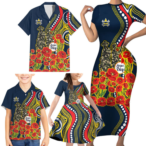 North Queensland Cowboys ANZAC Family Matching Short Sleeve Bodycon Dress and Hawaiian Shirt Indigenous Wave Poppy Remembrance Cowboy
