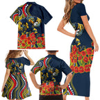 North Queensland Cowboys ANZAC Family Matching Short Sleeve Bodycon Dress and Hawaiian Shirt Indigenous Wave Poppy Remembrance Cowboy