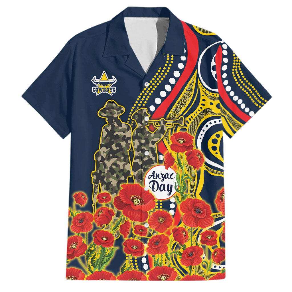 North Queensland Cowboys ANZAC Family Matching Short Sleeve Bodycon Dress and Hawaiian Shirt Indigenous Wave Poppy Remembrance Cowboy