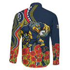 North Queensland Cowboys ANZAC Family Matching Short Sleeve Bodycon Dress and Hawaiian Shirt Indigenous Wave Poppy Remembrance Cowboy
