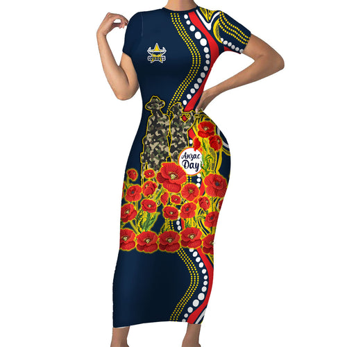 North Queensland Cowboys ANZAC Family Matching Short Sleeve Bodycon Dress and Hawaiian Shirt Indigenous Wave Poppy Remembrance Cowboy