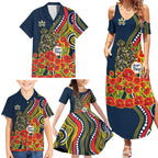 North Queensland Cowboys ANZAC Family Matching Summer Maxi Dress and Hawaiian Shirt Indigenous Wave Poppy Remembrance Cowboy