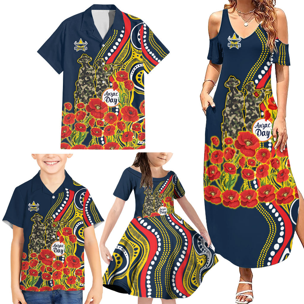 North Queensland Cowboys ANZAC Family Matching Summer Maxi Dress and Hawaiian Shirt Indigenous Wave Poppy Remembrance Cowboy