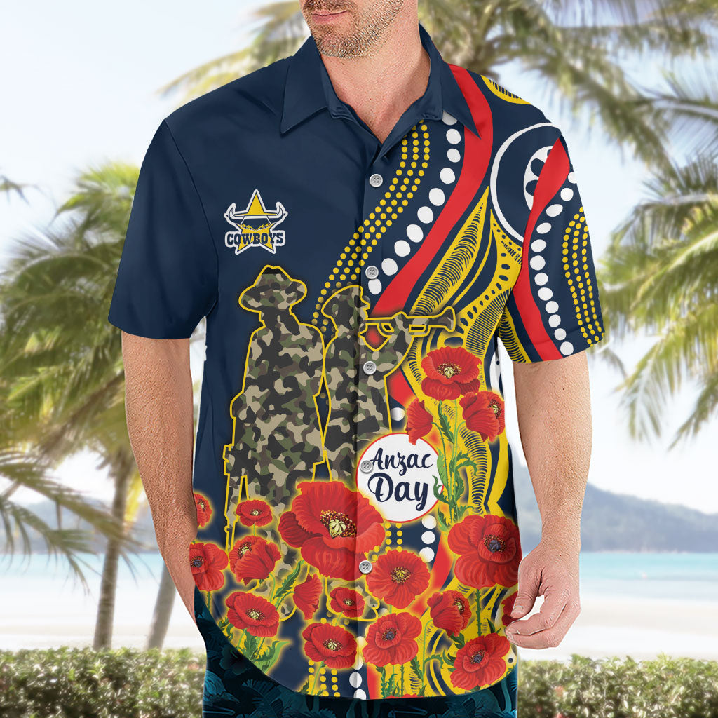 North Queensland Cowboys ANZAC Hawaiian Shirt Indigenous Wave Poppy Remembrance Cowboy