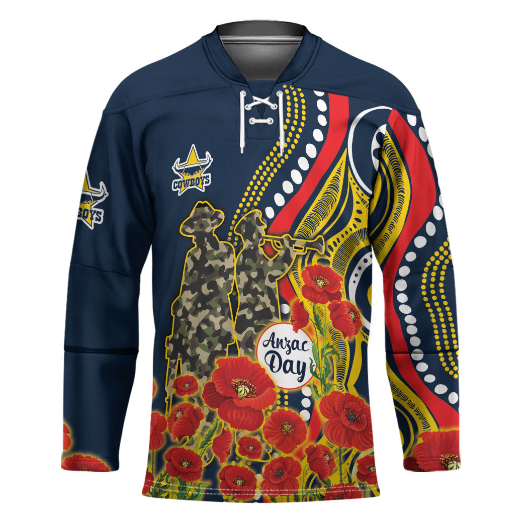 North Queensland Cowboys ANZAC Hockey Jersey Indigenous Wave Poppy Remembrance Cowboy