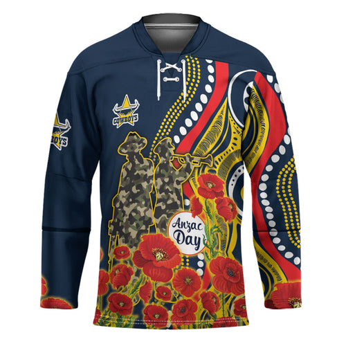 North Queensland Cowboys ANZAC Hockey Jersey Indigenous Wave Poppy Remembrance Cowboy