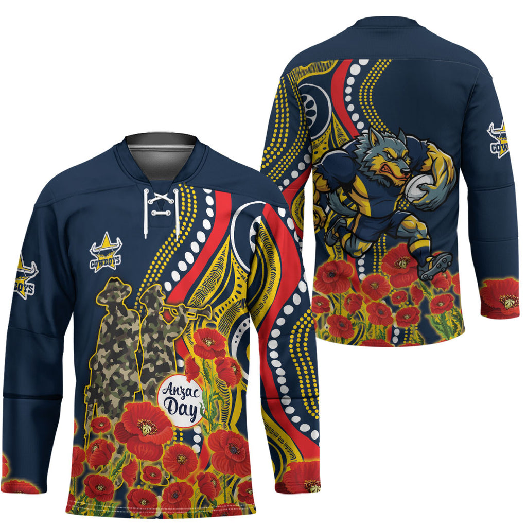 North Queensland Cowboys ANZAC Hockey Jersey Indigenous Wave Poppy Remembrance Cowboy