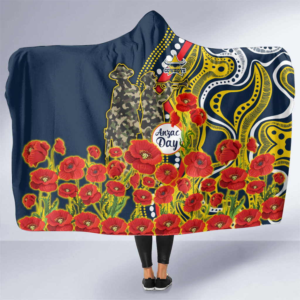 North Queensland Cowboys ANZAC Hooded Blanket Indigenous Wave Poppy Remembrance Cowboy