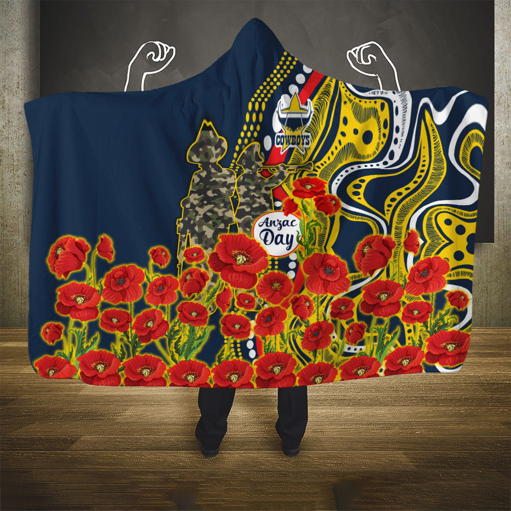 North Queensland Cowboys ANZAC Hooded Blanket Indigenous Wave Poppy Remembrance Cowboy