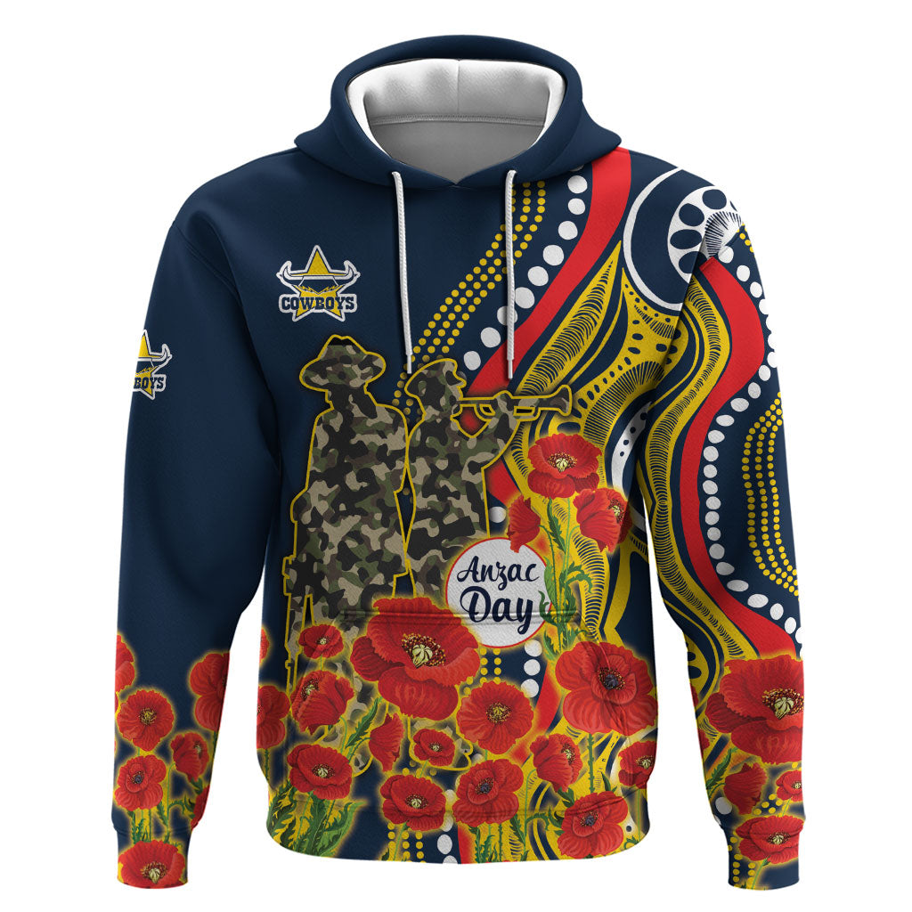 North Queensland Cowboys ANZAC Hoodie Indigenous Wave Poppy Remembrance Cowboy