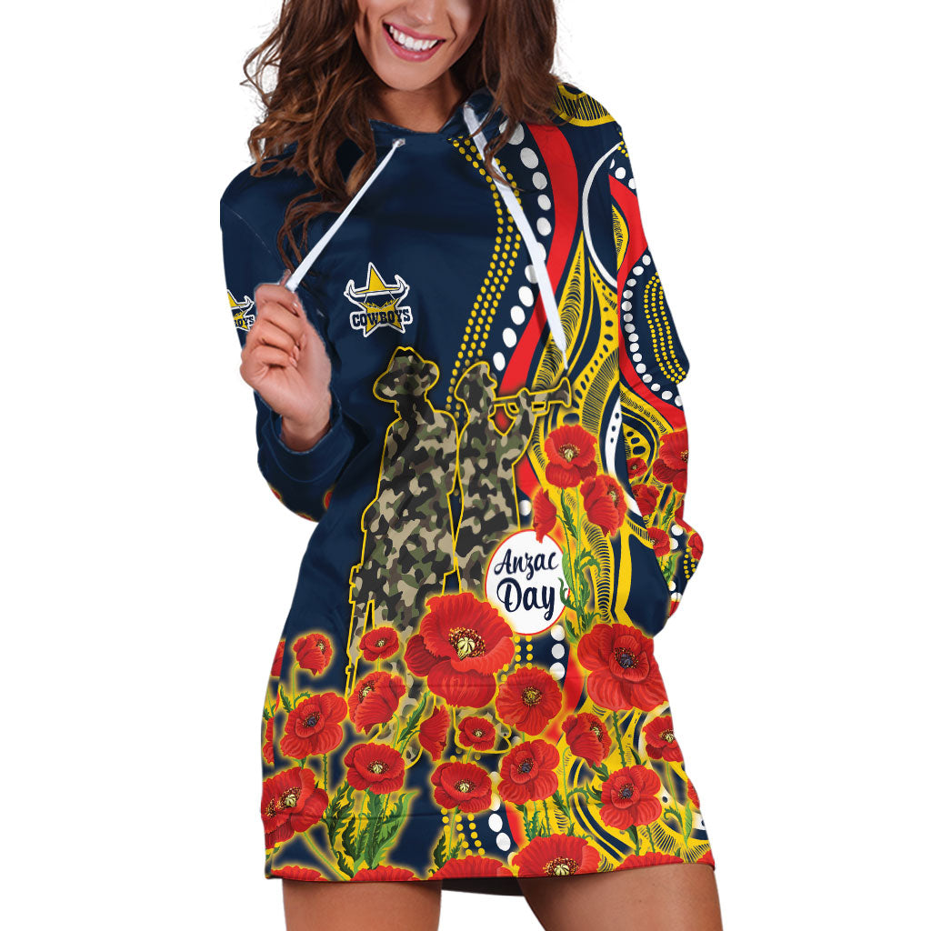 North Queensland Cowboys ANZAC Hoodie Dress Indigenous Wave Poppy Remembrance Cowboy
